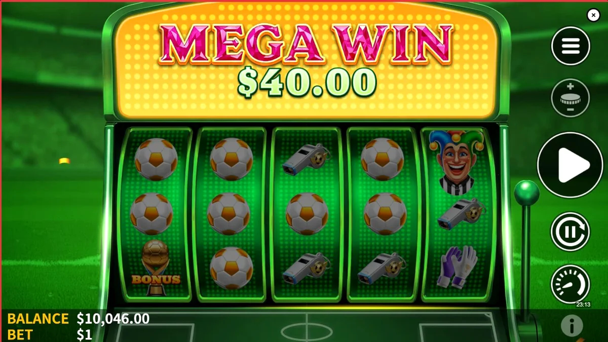 Interface do jogo de slot Soccer Joker com temática de futebol e neon