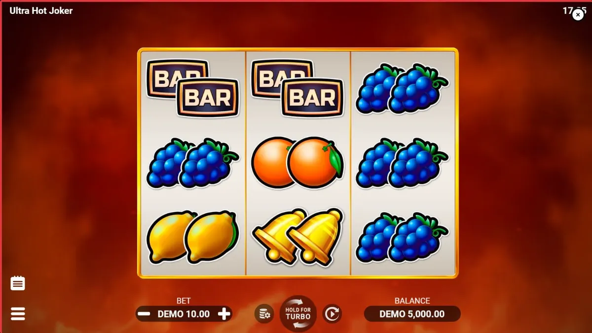 Interface do jogo de slot Ultra Hot Joker com símbolos de frutas e fogo